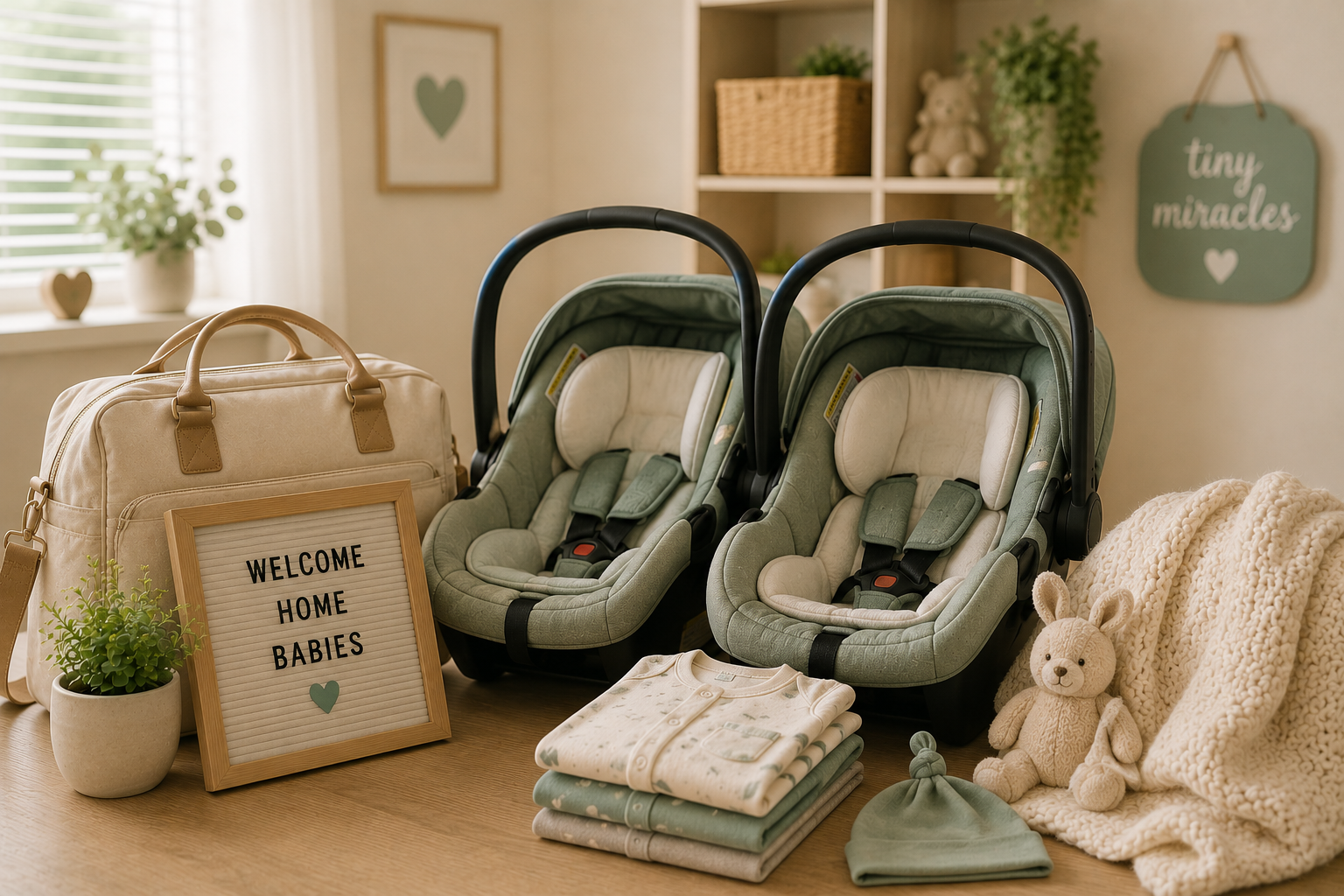 Two infant car seats, diaper bag, and welcome home baby items in a cozy nursery