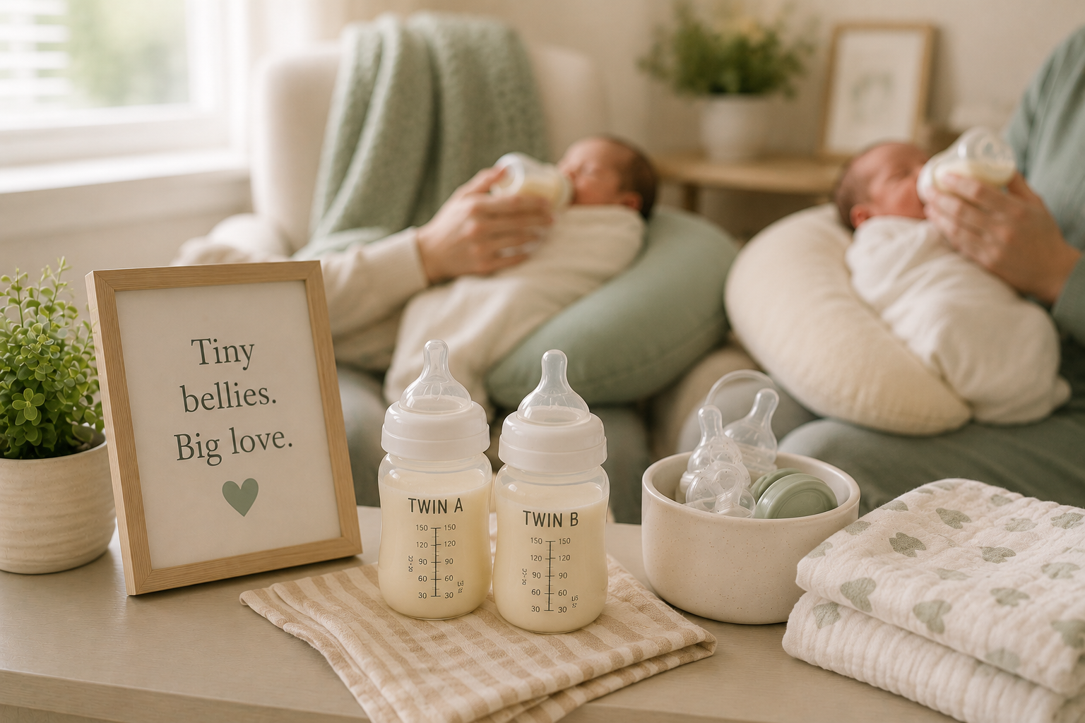 Twin feeding station with bottles, burp cloths, notebook, and cozy nursery light