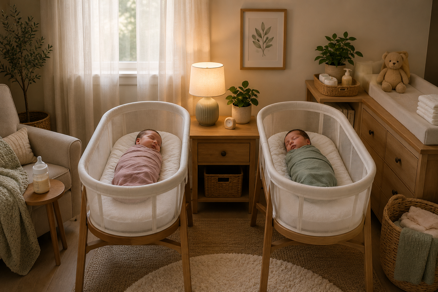 Cozy newborn twin nursery with bassinets and soft baby supplies