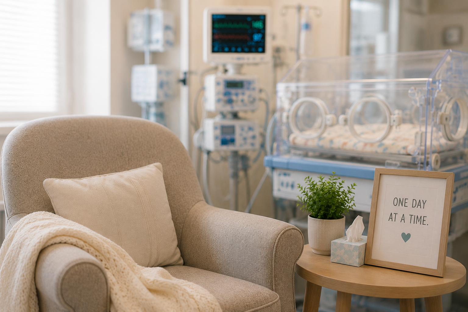 Comforting NICU corner with chair, blanket, and neonatal equipment nearby