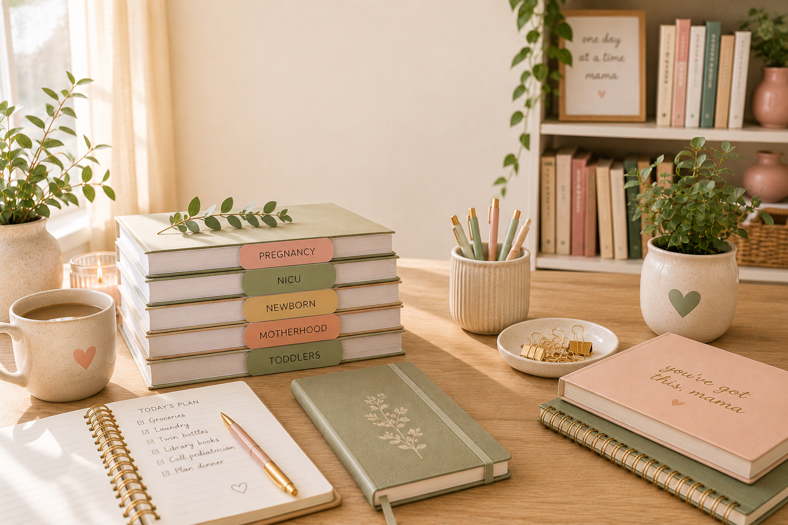 Cozy desk with organized twin parenting guides, planner, coffee, and Twin Mom Club colors