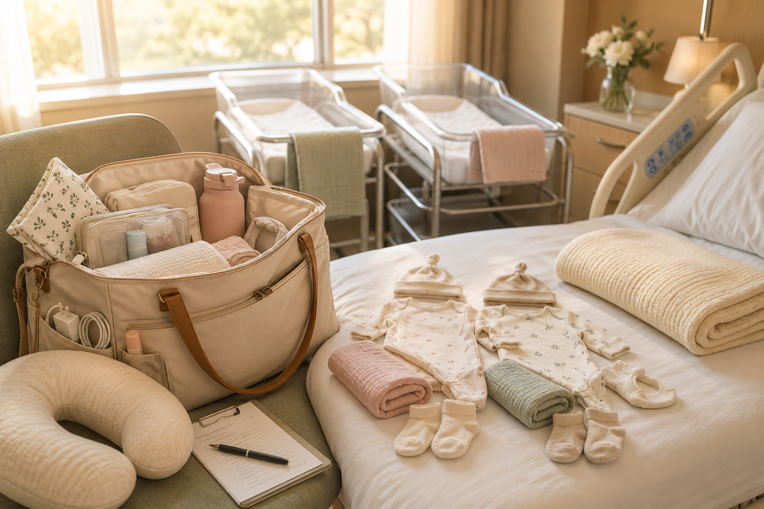 Packed hospital bag and twin bassinets in a cozy maternity room
