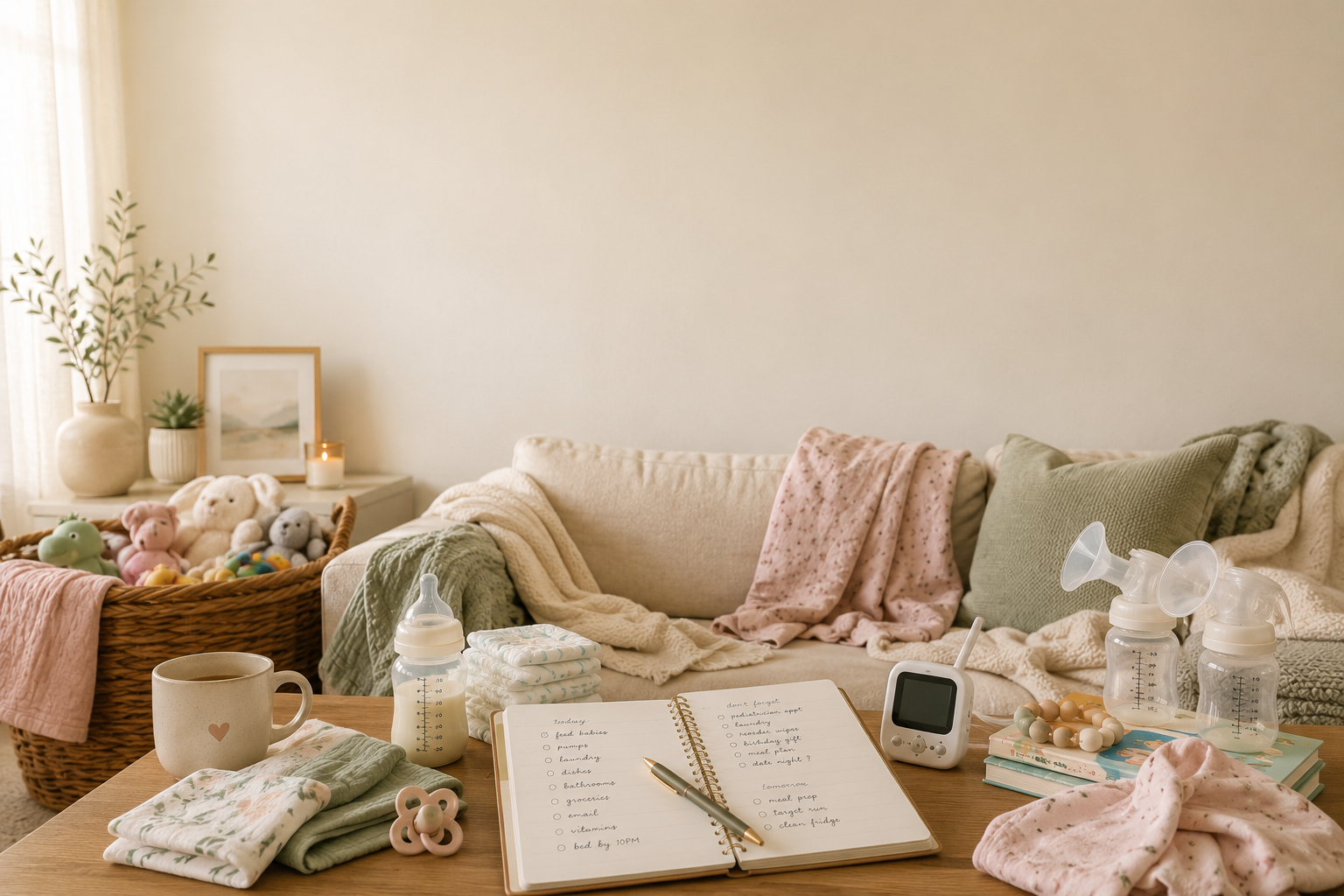 Planner, coffee, and baby essentials representing the mental load of motherhood