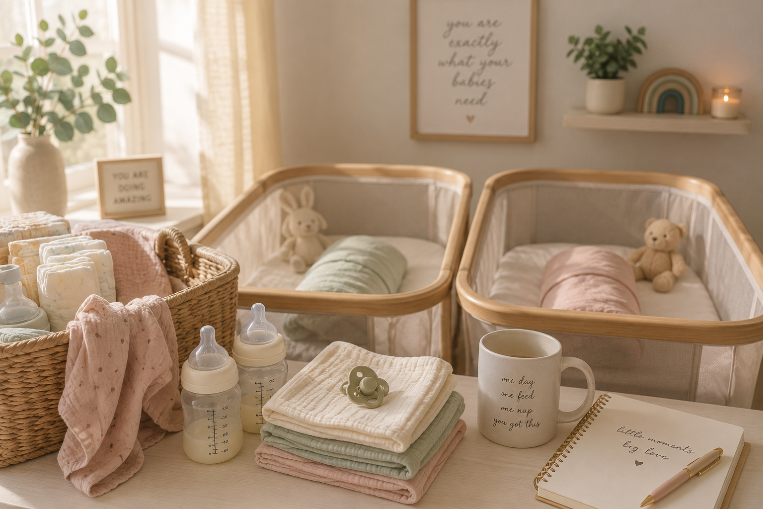 Cozy newborn twin nursery with bassinets and baby essentials