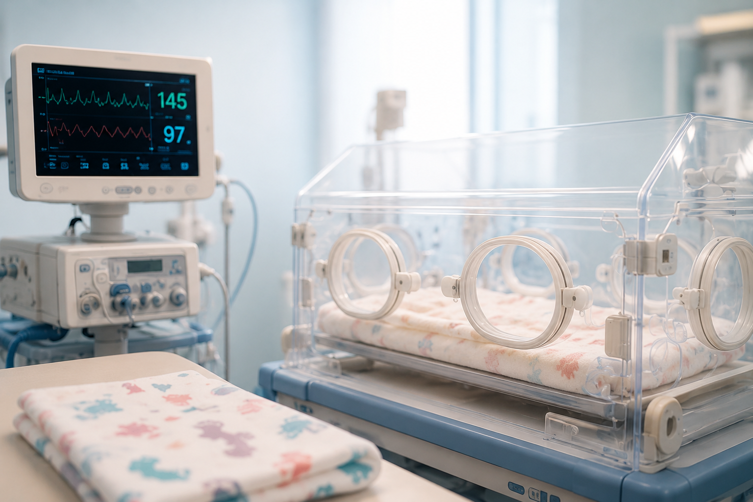 NICU incubator, patient monitor, and neonatal equipment in a bright hospital room