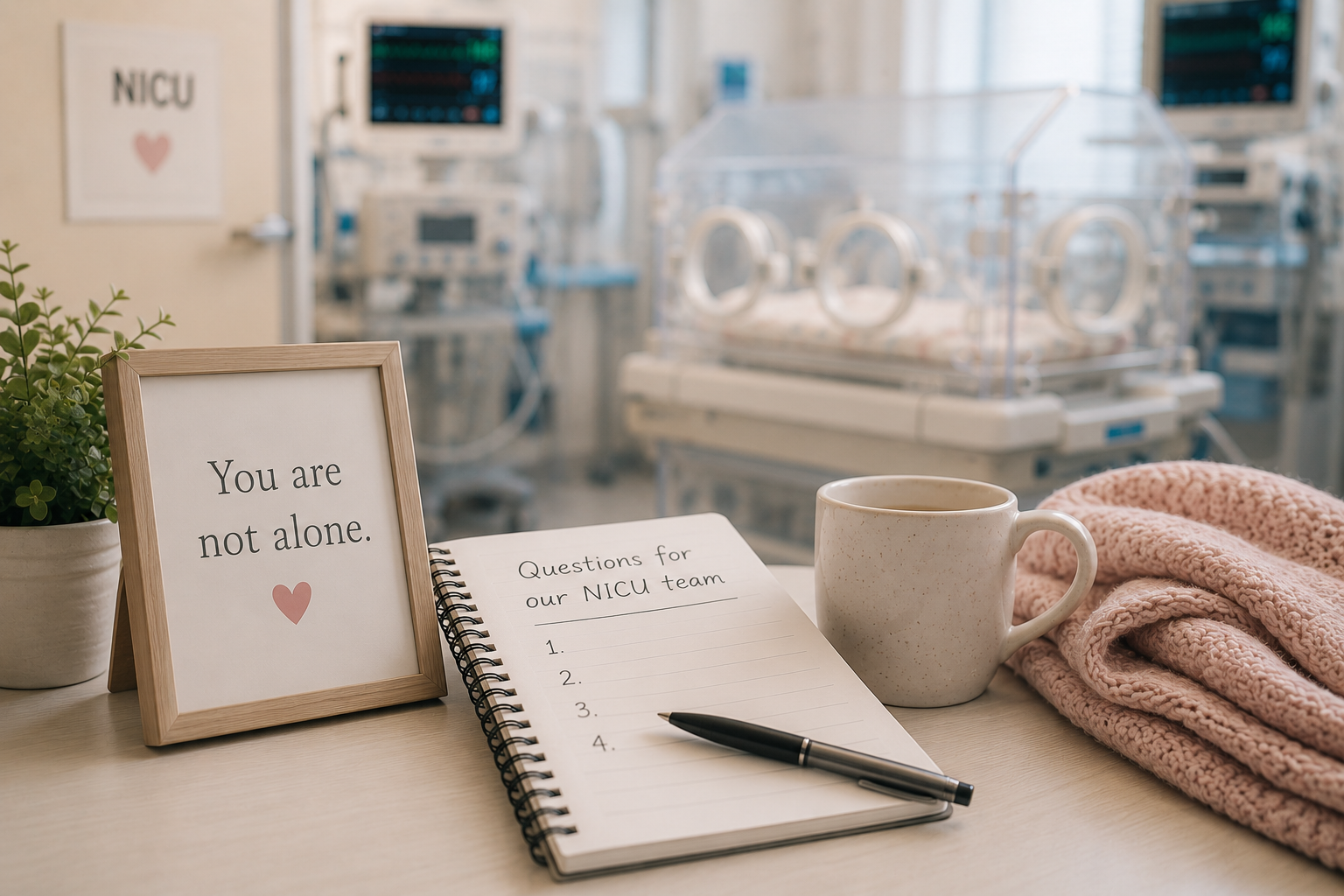 Notebook with questions for the NICU team beside a softly blurred NICU room