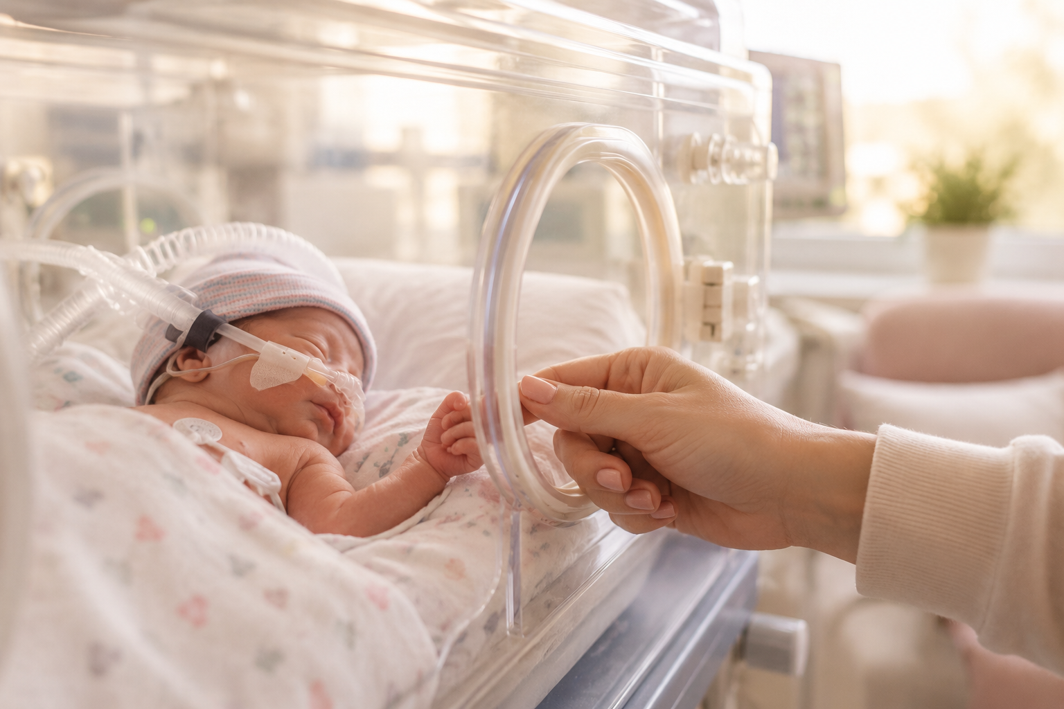 Soft NICU room with incubators and comforting baby items