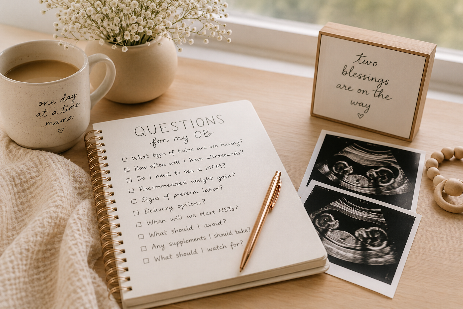 Pregnancy appointment notes, ultrasound photos, and OB questions
