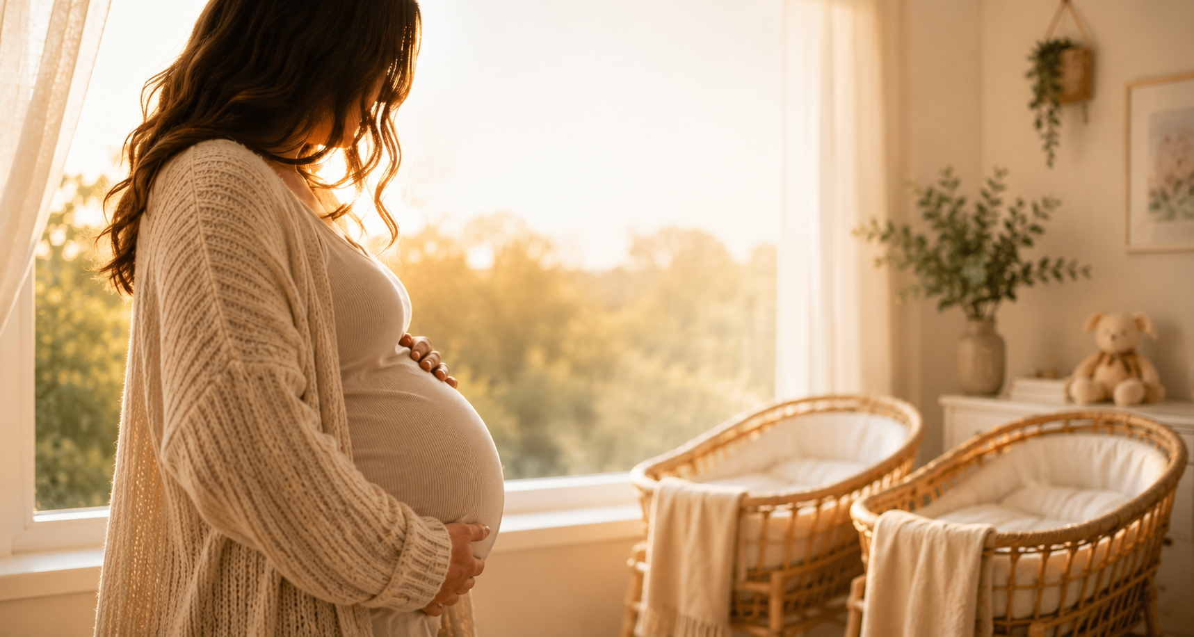 Pregnant mom standing in a cozy twin nursery