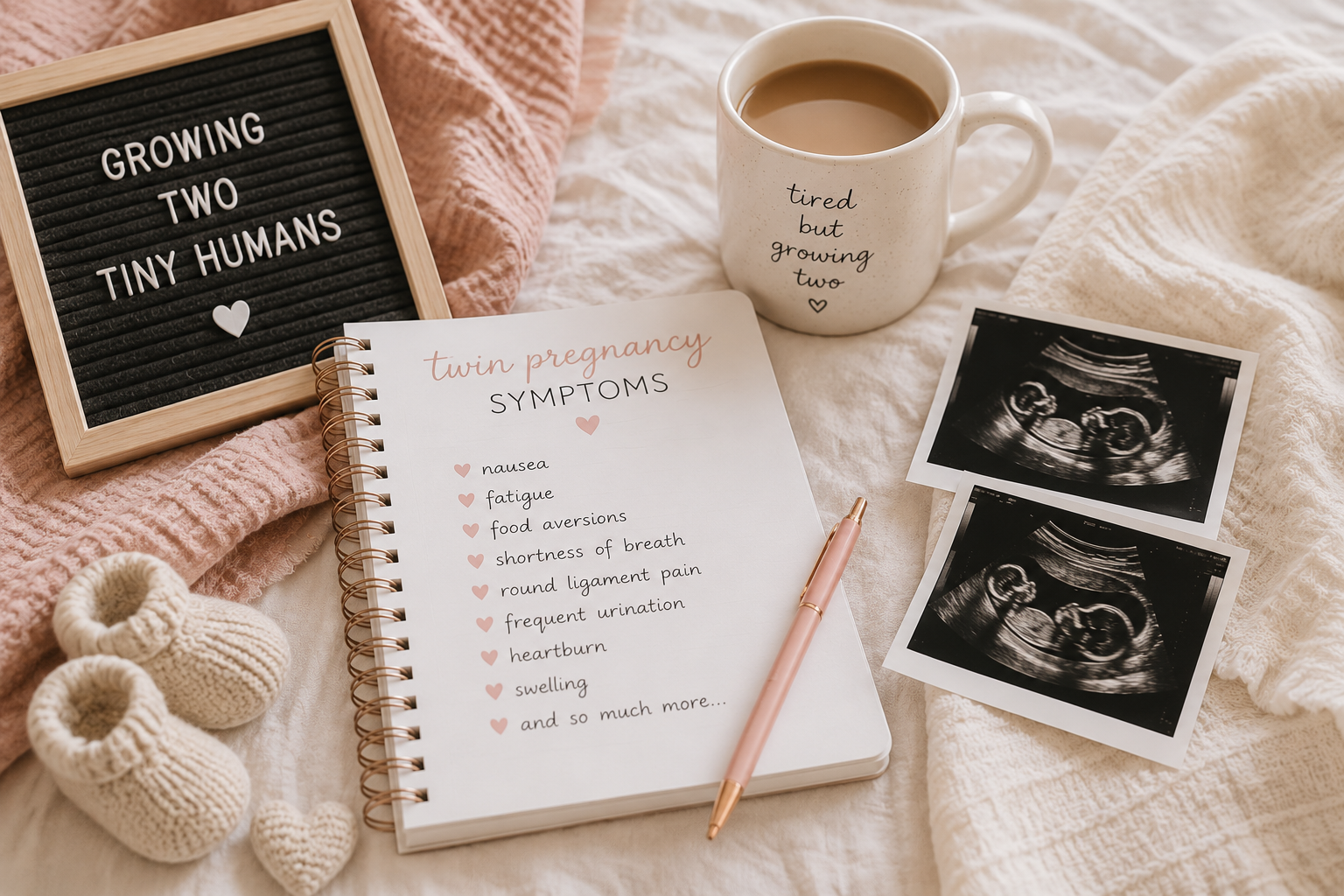 Twin pregnancy journal with ultrasound photos and symptom notes